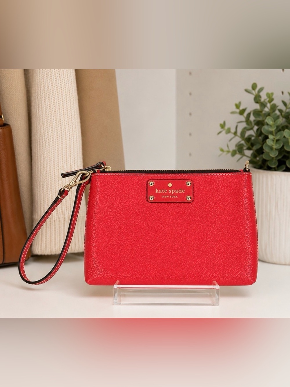 Kate Spade Red Leather Wristlet Wellesley Collection with Gold Hardware